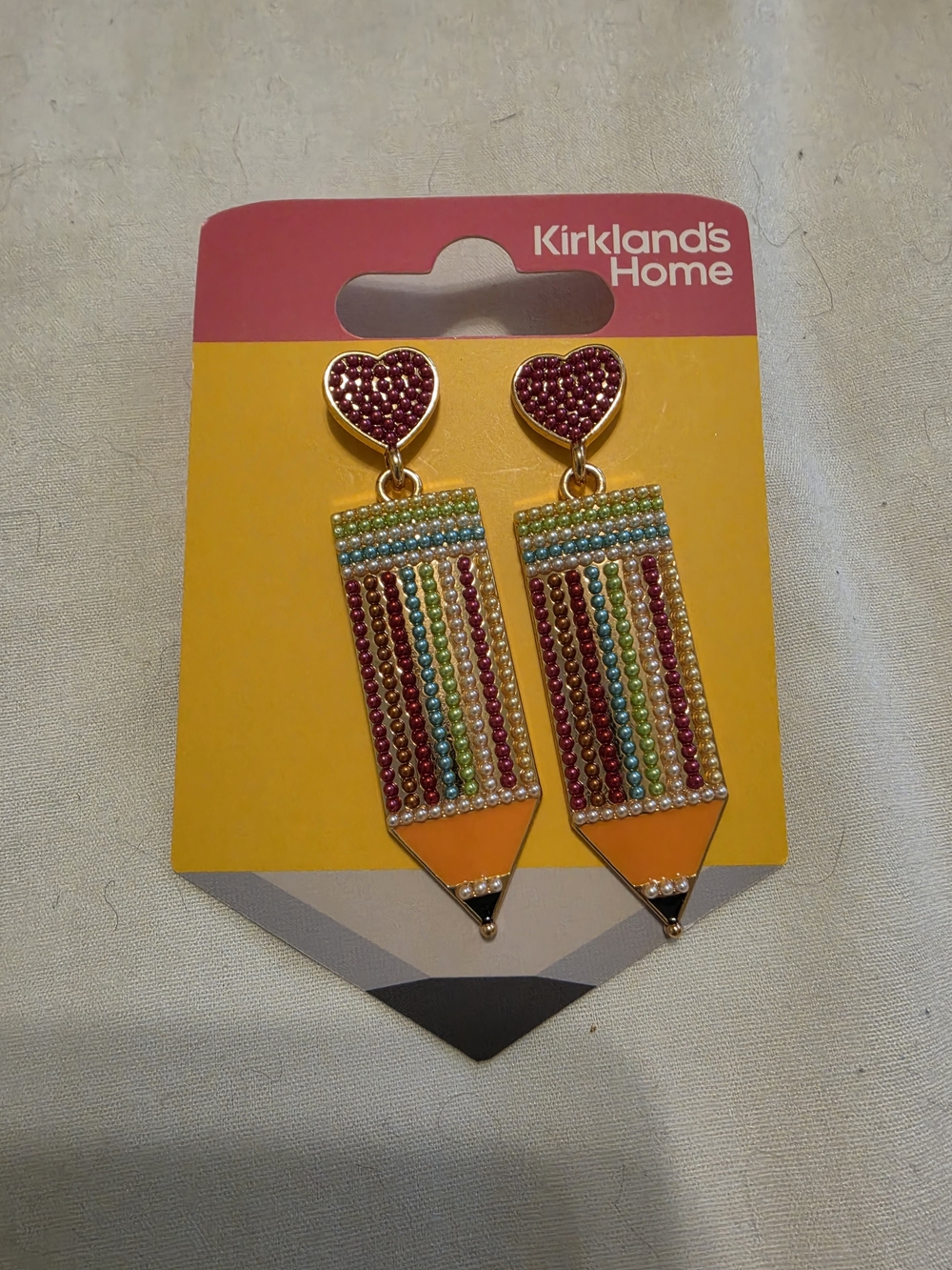 Kirkland's Multicolor Pencil Drop Earrings with Pink Heart Studs